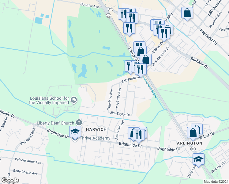 map of restaurants, bars, coffee shops, grocery stores, and more near 4518 Y A Tittle Avenue in Baton Rouge