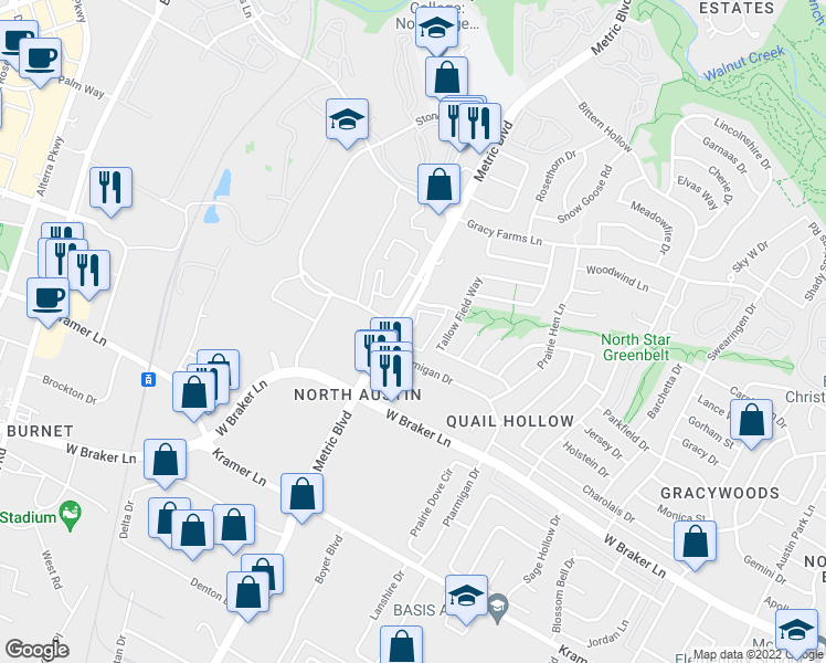 map of restaurants, bars, coffee shops, grocery stores, and more near 11511 Metric Boulevard in Austin