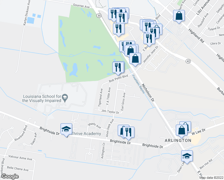map of restaurants, bars, coffee shops, grocery stores, and more near 4521 Y A Tittle Avenue in Baton Rouge