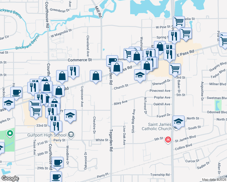 map of restaurants, bars, coffee shops, grocery stores, and more near 700 Tegarden Road in Gulfport