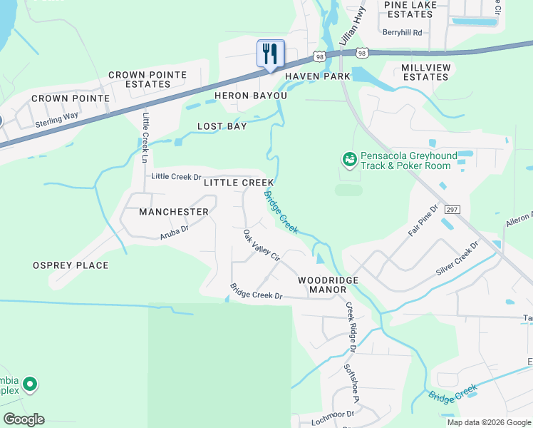 map of restaurants, bars, coffee shops, grocery stores, and more near 1203 Brook Bend Road in Pensacola