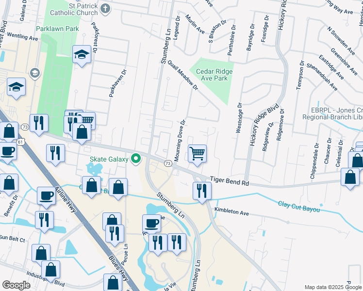 map of restaurants, bars, coffee shops, grocery stores, and more near 6159 Mourning Dove Drive in Baton Rouge