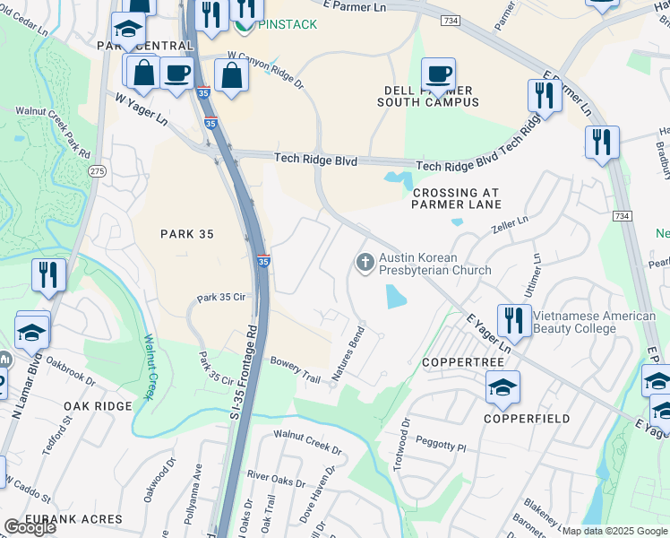 map of restaurants, bars, coffee shops, grocery stores, and more near 1015 Markham Lane in Austin