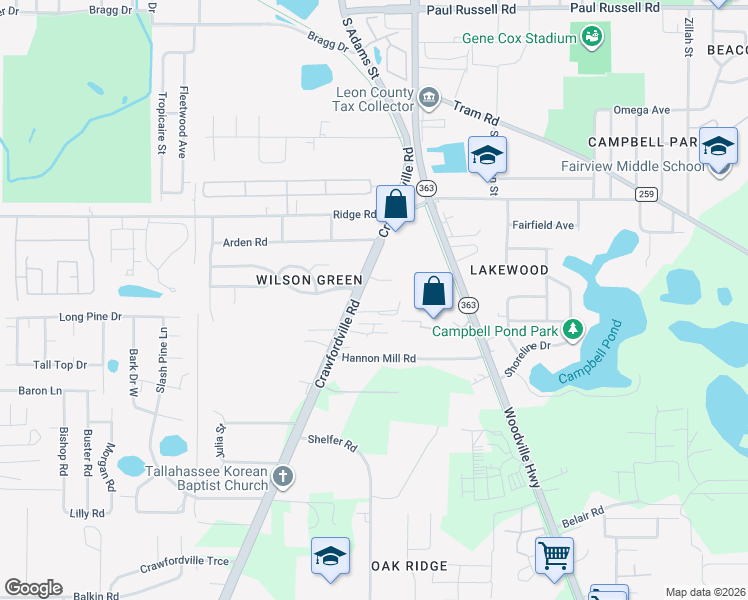 map of restaurants, bars, coffee shops, grocery stores, and more near 3805 Crawfordville Road in Tallahassee
