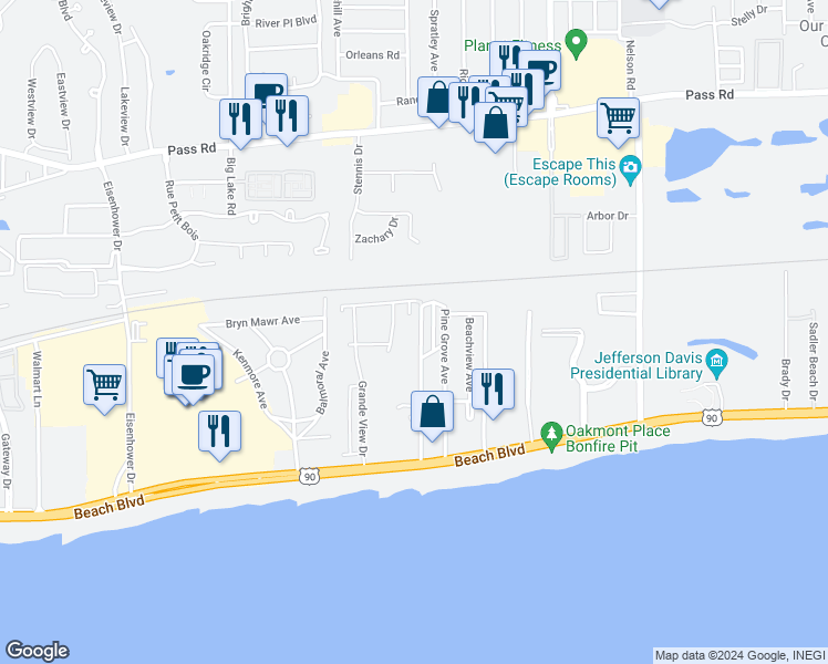 map of restaurants, bars, coffee shops, grocery stores, and more near 173 Briarfield Avenue in Biloxi