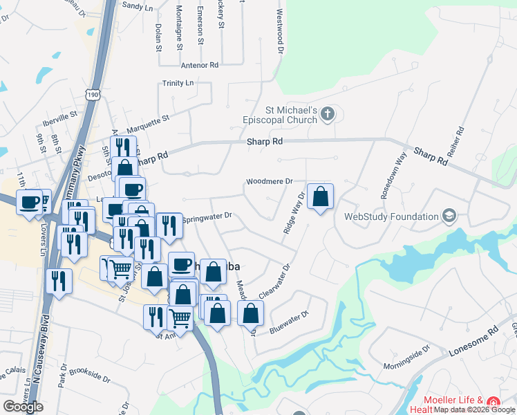 map of restaurants, bars, coffee shops, grocery stores, and more near 1422 Stillwater Dr in Mandeville
