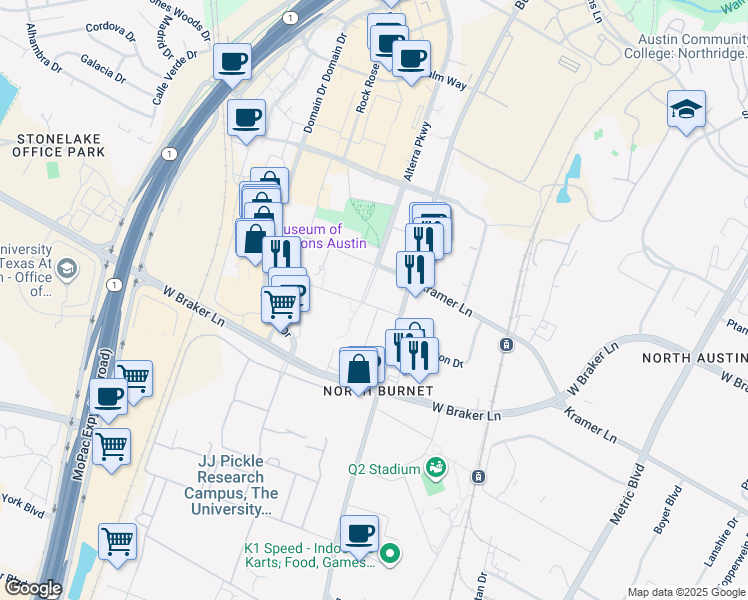 map of restaurants, bars, coffee shops, grocery stores, and more near 10025 Alterra Parkway in Austin