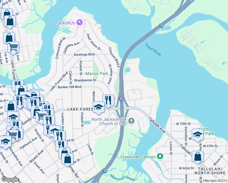 map of restaurants, bars, coffee shops, grocery stores, and more near 7932 Concord Circle in Jacksonville