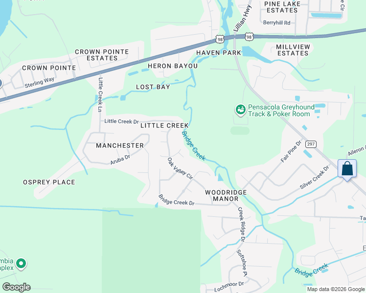 map of restaurants, bars, coffee shops, grocery stores, and more near 1203 Brook Bend Road in Pensacola