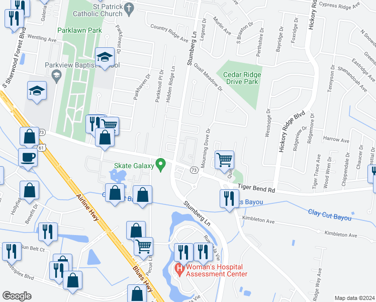 map of restaurants, bars, coffee shops, grocery stores, and more near 12901 Jefferson Highway in Baton Rouge