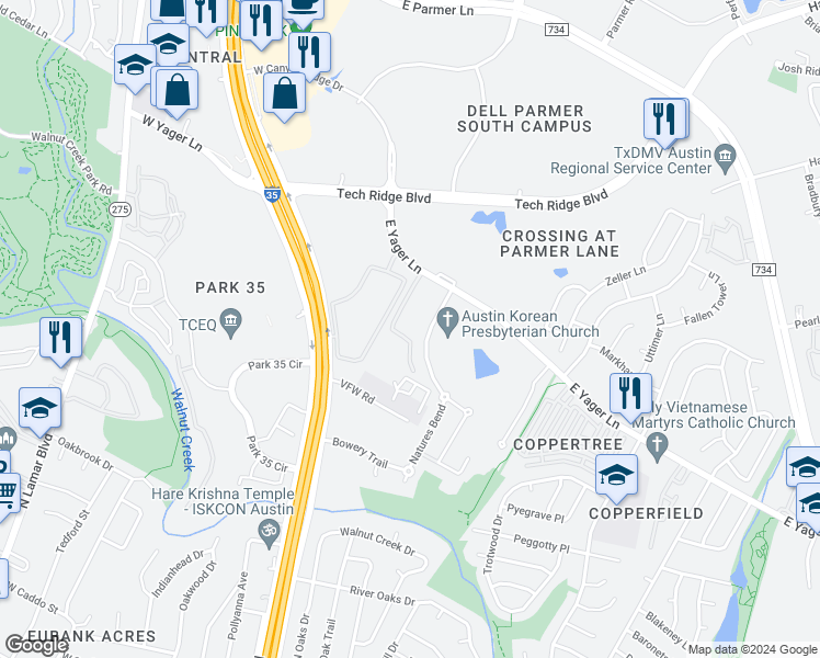 map of restaurants, bars, coffee shops, grocery stores, and more near 305 East Yager Lane in Austin