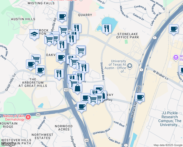 map of restaurants, bars, coffee shops, grocery stores, and more near 10050 Great Hills Trail in Austin