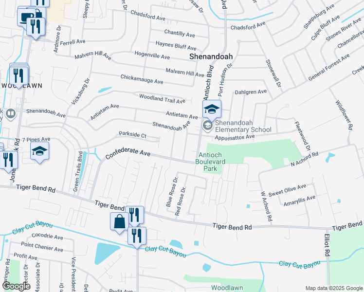 map of restaurants, bars, coffee shops, grocery stores, and more near 6178 Chattanooga Drive in Baton Rouge
