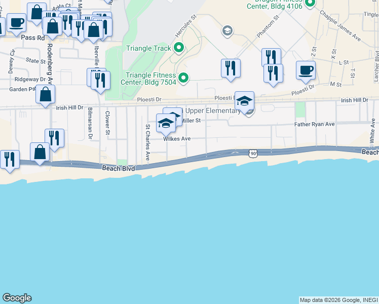 map of restaurants, bars, coffee shops, grocery stores, and more near 1502 Beach Boulevard in Biloxi