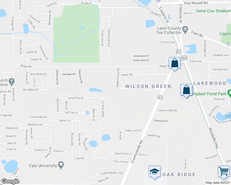 map of restaurants, bars, coffee shops, grocery stores, and more near 4250 Ridge Haven Road in Tallahassee
