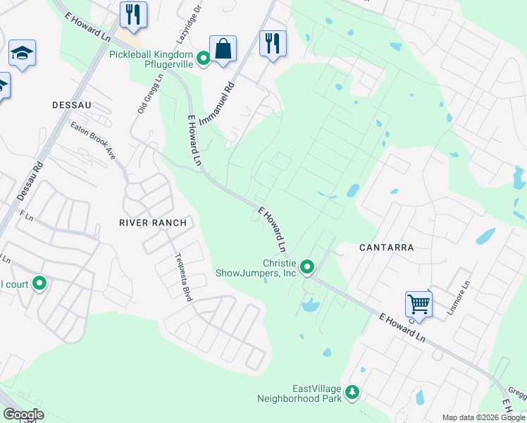 map of restaurants, bars, coffee shops, grocery stores, and more near 2601 East Howard Lane in Manor