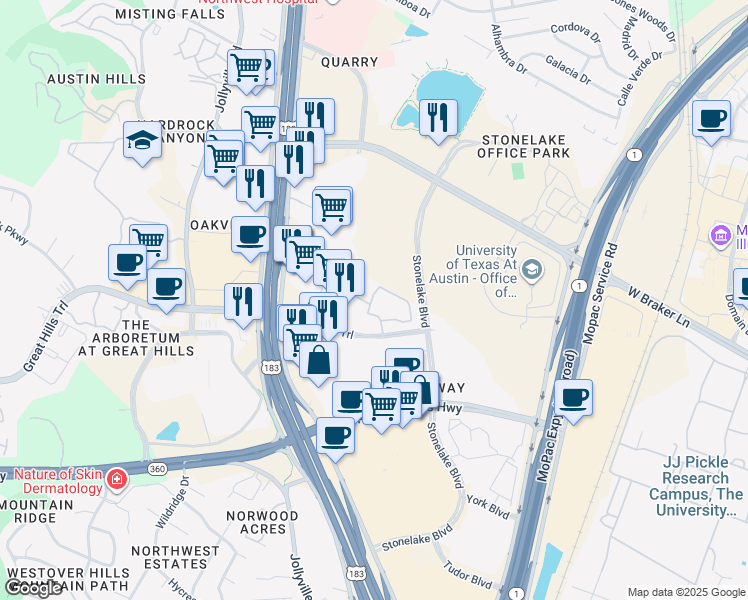 map of restaurants, bars, coffee shops, grocery stores, and more near 10050 Great Hills Trail in Austin