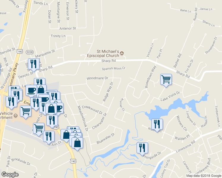 map of restaurants, bars, coffee shops, grocery stores, and more near 1316 Ridge Way Drive in Mandeville