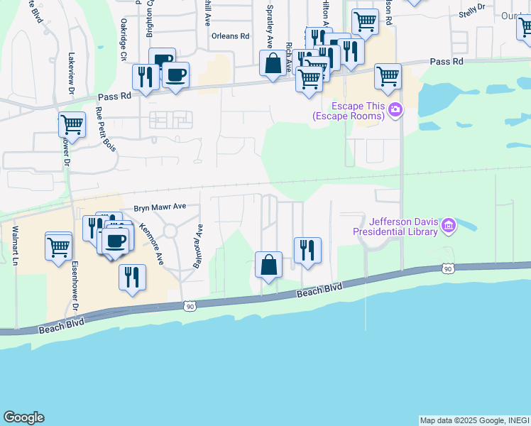 map of restaurants, bars, coffee shops, grocery stores, and more near 176 Briarfield Avenue in Biloxi