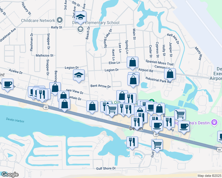 map of restaurants, bars, coffee shops, grocery stores, and more near 150 Bent Arrow Drive in Destin