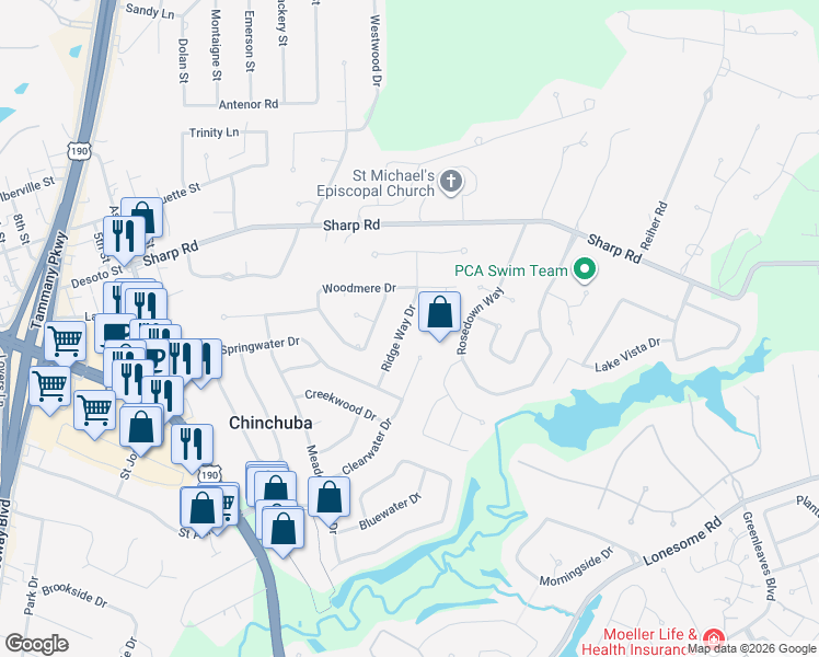 map of restaurants, bars, coffee shops, grocery stores, and more near 1316 Ridge Way Drive in Mandeville