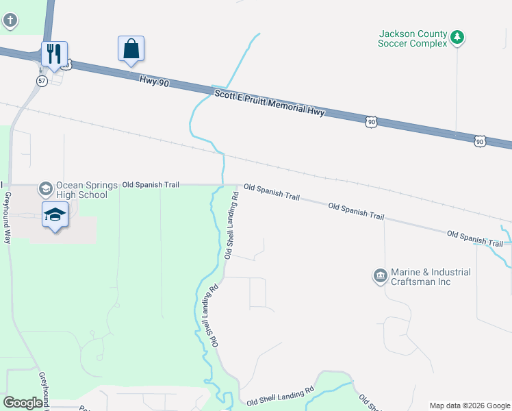 map of restaurants, bars, coffee shops, grocery stores, and more near 5851 Old Spanish Trail in Ocean Springs