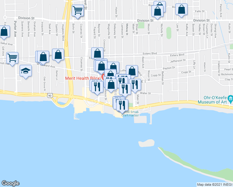 map of restaurants, bars, coffee shops, grocery stores, and more near 771 Water Street in Biloxi
