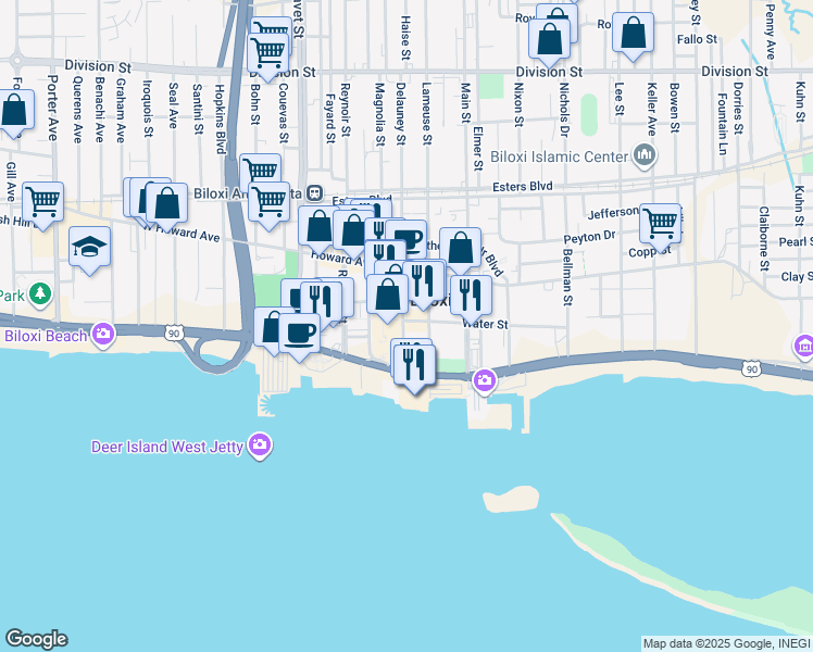 map of restaurants, bars, coffee shops, grocery stores, and more near 771 Water Street in Biloxi