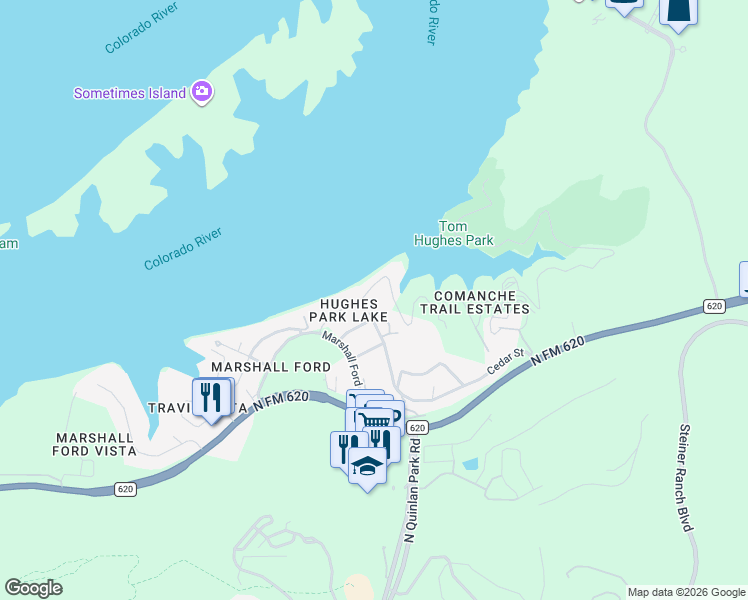 map of restaurants, bars, coffee shops, grocery stores, and more near 12889 Park Drive in Austin