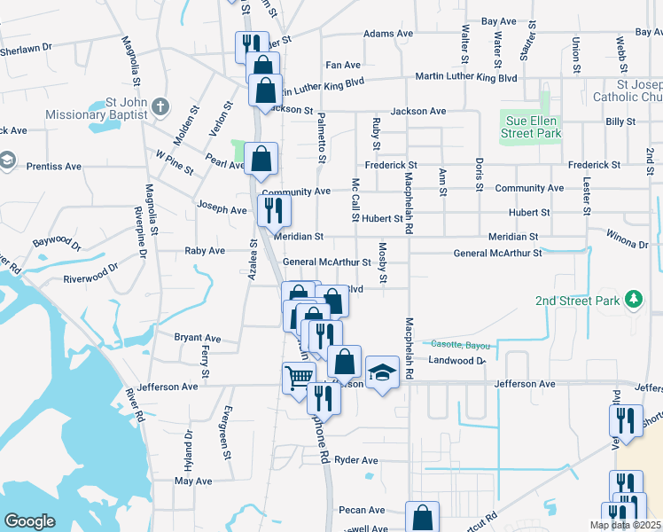 map of restaurants, bars, coffee shops, grocery stores, and more near 3707 Vine St in Moss Point