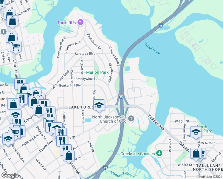 map of restaurants, bars, coffee shops, grocery stores, and more near 7931 Paul Jones Drive in Jacksonville