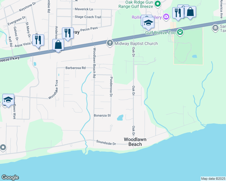 map of restaurants, bars, coffee shops, grocery stores, and more near 1624 Ponderosa Drive in Gulf Breeze