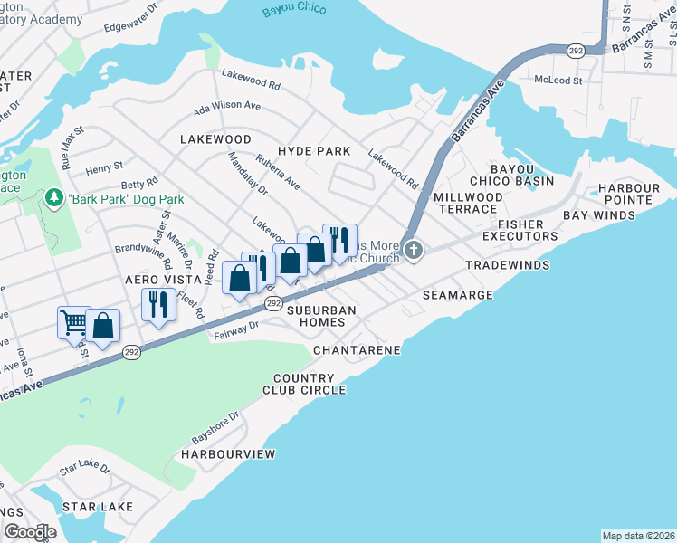 map of restaurants, bars, coffee shops, grocery stores, and more near 3404 Barrancas Avenue in Pensacola