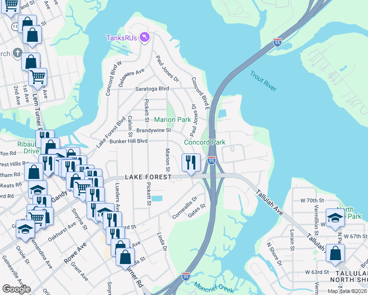 map of restaurants, bars, coffee shops, grocery stores, and more near 865 Bunker Hill Boulevard in Jacksonville