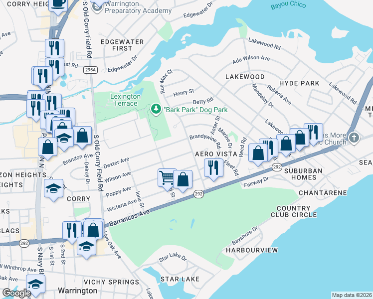 map of restaurants, bars, coffee shops, grocery stores, and more near 1202 Wilson Avenue in Pensacola