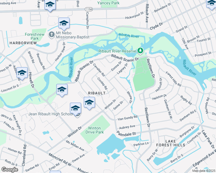 map of restaurants, bars, coffee shops, grocery stores, and more near 6823 Corday Road in Jacksonville