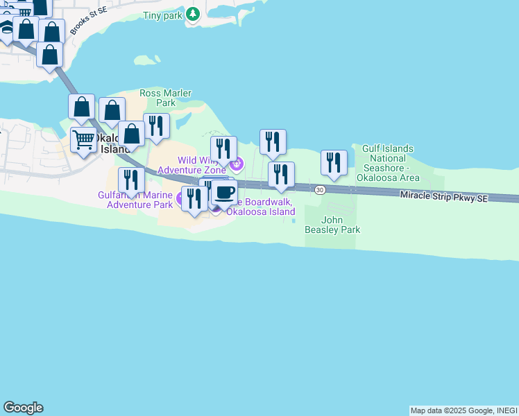 map of restaurants, bars, coffee shops, grocery stores, and more near 1500 Miracle Strip Parkway Southeast in Fort Walton Beach