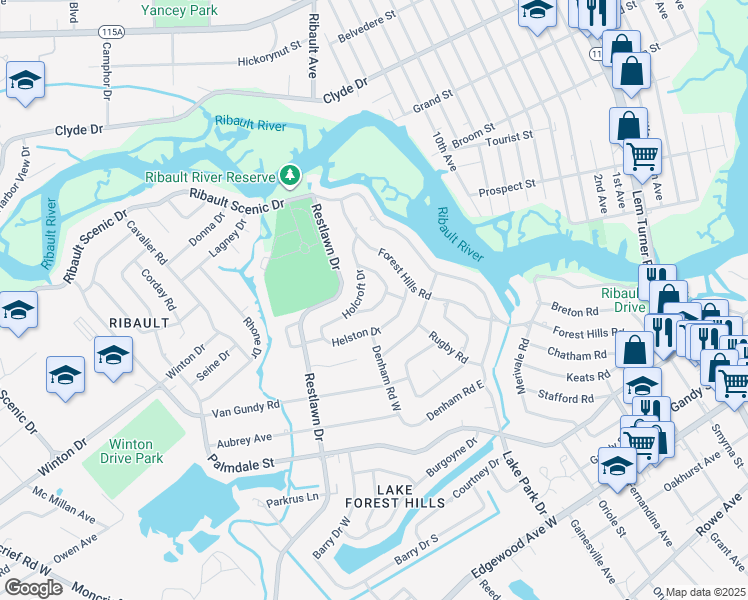 map of restaurants, bars, coffee shops, grocery stores, and more near 2122 Leger Circle in Jacksonville