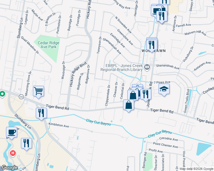 map of restaurants, bars, coffee shops, grocery stores, and more near 6336 Chippendale Drive in Baton Rouge