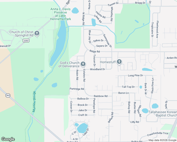 map of restaurants, bars, coffee shops, grocery stores, and more near 1215 Woodland Drive in Tallahassee