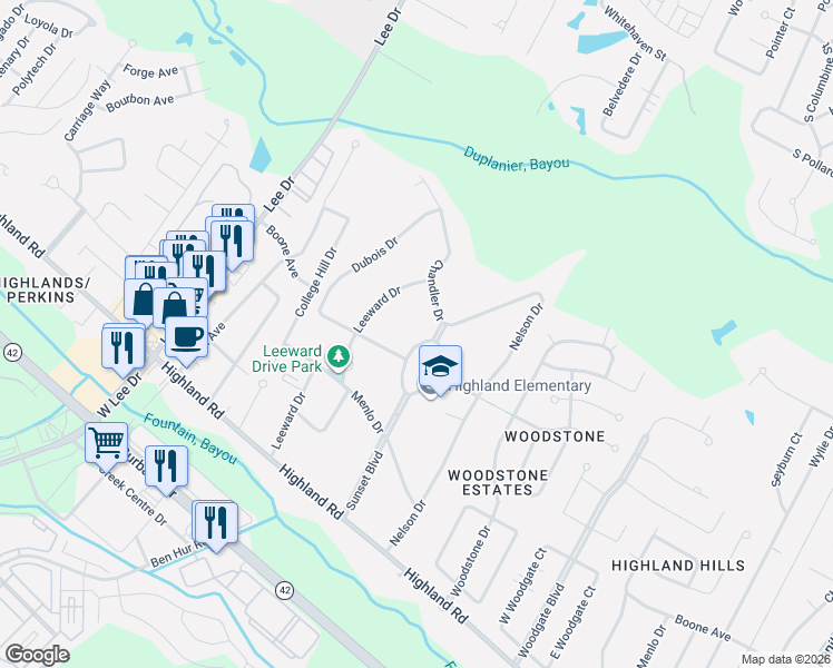 map of restaurants, bars, coffee shops, grocery stores, and more near 5865 Chandler Drive in Baton Rouge