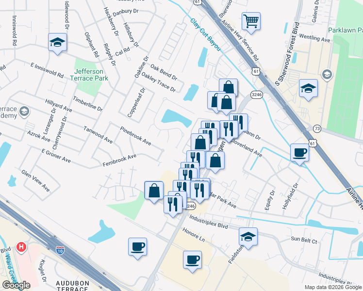 map of restaurants, bars, coffee shops, grocery stores, and more near 11041 Shoreline Drive in Baton Rouge