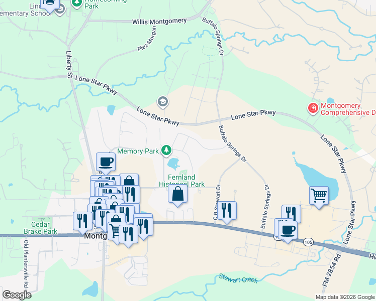 map of restaurants, bars, coffee shops, grocery stores, and more near 183 Racetrack Lane in Montgomery