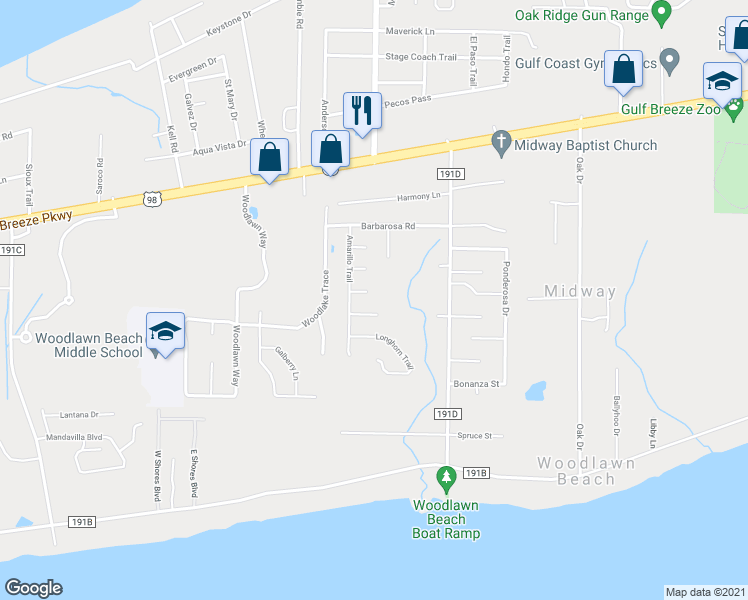 map of restaurants, bars, coffee shops, grocery stores, and more near 5341 Prairie Court in Gulf Breeze