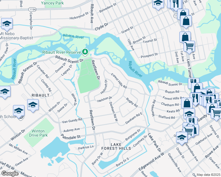 map of restaurants, bars, coffee shops, grocery stores, and more near 2122 Leger Circle in Jacksonville