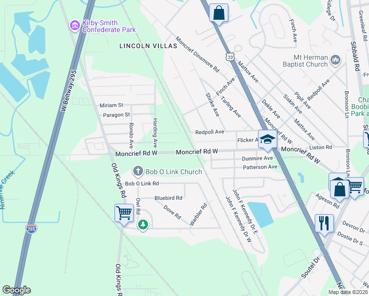 map of restaurants, bars, coffee shops, grocery stores, and more near 6207 Moncrief Road West in Jacksonville