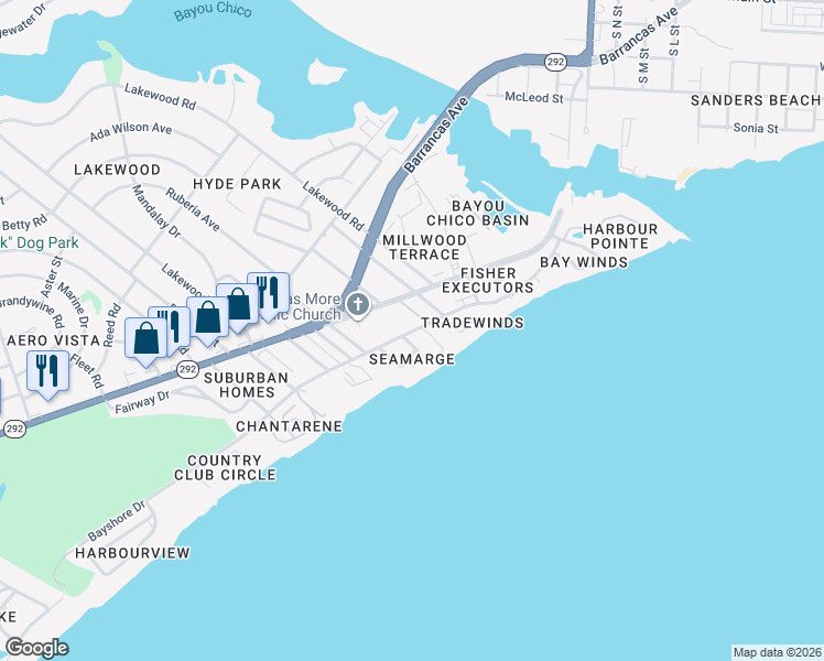 map of restaurants, bars, coffee shops, grocery stores, and more near 412 Bayshore Drive in Pensacola