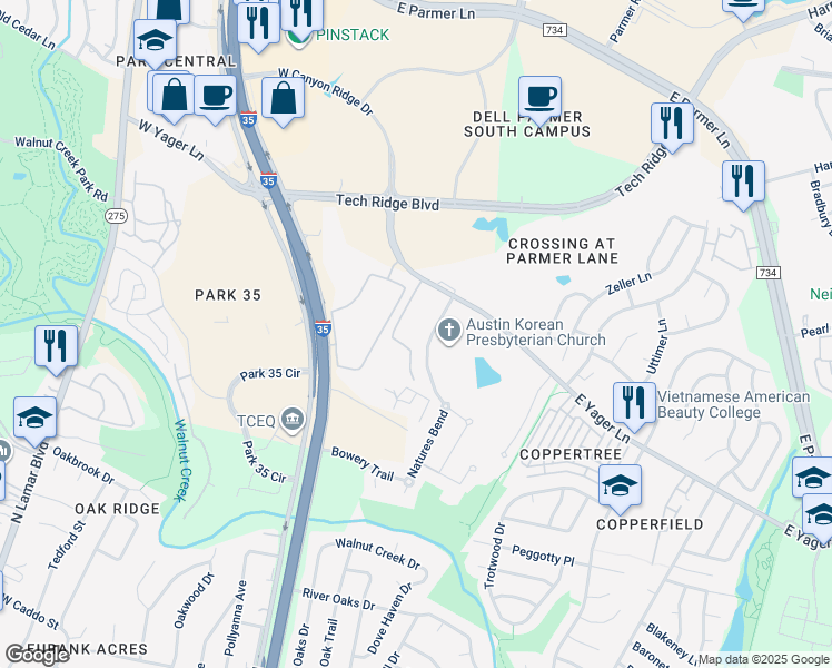 map of restaurants, bars, coffee shops, grocery stores, and more near 305 East Yager Lane in Austin