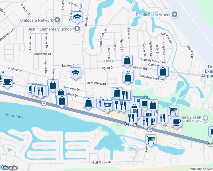 map of restaurants, bars, coffee shops, grocery stores, and more near 9 Indian Oaks Drive in Destin