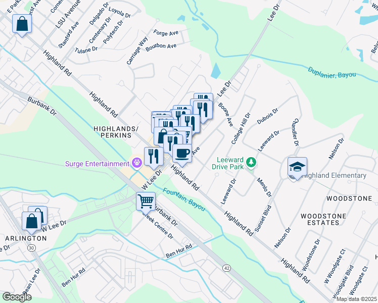 map of restaurants, bars, coffee shops, grocery stores, and more near 267 Burgin Avenue in Baton Rouge